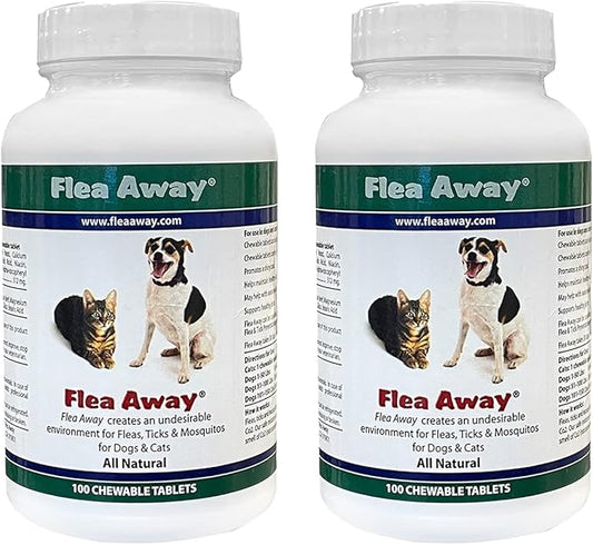 Flea Away All Natural Supplement for Fleas, Ticks, and Mosquitos Prevention for Dogs and Cats, 100 Chewable Treat Tablets, 2 Pack