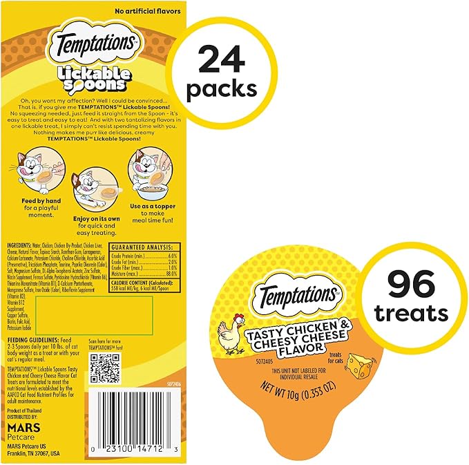 Temptations Lickable Spoons Adult Wet Cat Treat, Tasty Chicken and Cheesy Cheese Flavor, 4 Spoons, Pack of 24 (96 Total)