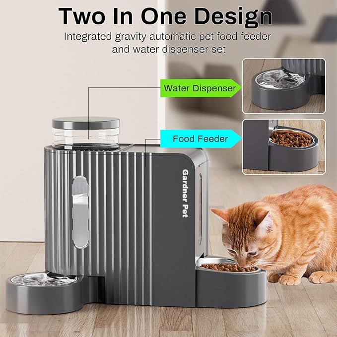 Gardner Pet Automatic Gravity Cat Food Feeder and Water Dispenser Stainless Steel Two-in-One Set Large Capacity Dispenser for Pets Dogs, Puppies, Kittens-(0.8 Gallons x 2)
