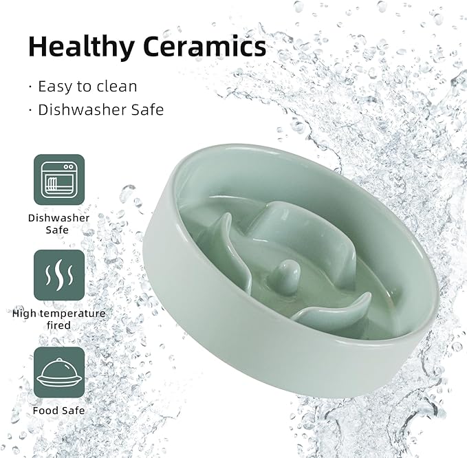 Ceramic 0.9 Cup Raised Slow Feeder Dog Bowl Set, Elevated 5.1inch Water Bowl and 6.1inch Puzzle Slow Pet Food Dish with Wooden Stand for Small Dog and Cat(2 x Light Green+ Stand)