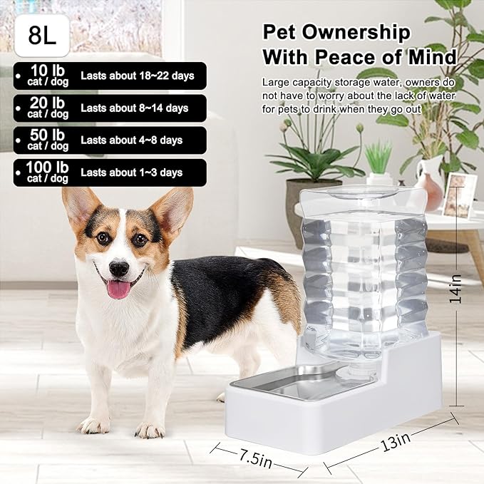 Dog Cat Water Dispenser: 8L White Upgraded Gravity Feeder with Stainless Steel Bowl - BPA-Free Large Capacity for Medium/Large Pets - Indoor & Outdoor Use