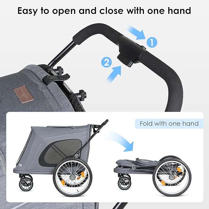 R8 Pro Extra Large Foldable Pet Stroller, Dog Stroller & Pet Trailer for Large Dogs Under 100 lbs, Unmovable, Disabled & Pregnant Dogs - Conveniently Carriable by Bike and Car, Grey