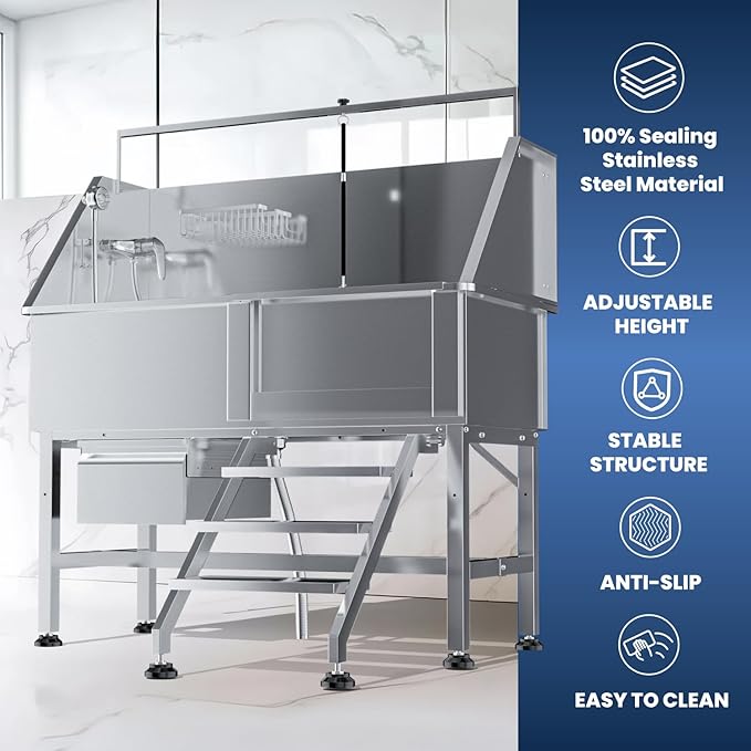 46" Dog Washing Station, Professional Stainless Steel Dog Bathtub w/Ramp & Storage Drawer, Adjustable Grate, Non-Slip Design, Perfect for Home Grooming & Large Dogs (46" Right Stair)