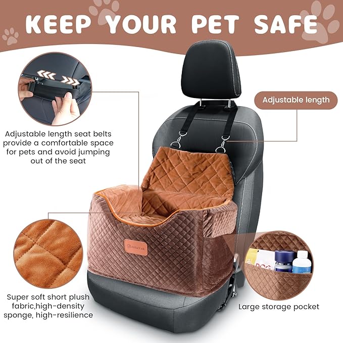 Memory Foam Booster Dog Car Seat with Washable Removable Cover, Elevated Pet Car Seat, Anti-Slip Sturdy Booster Seats for Small Dogs 35lbs, Seat Belt, Storage Pocket, Dog Blankets