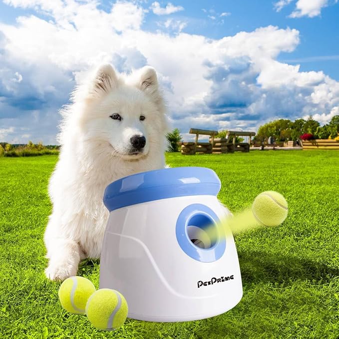 PetPrime Dog Automatic Ball Launcher Dog Interactive Fetch Toy Pet 2'' Thrower Throwing Game 3 Tennis Balls Tennis Mini Size Ball Launcher for Dogs Included Launch Distance 10-30ft