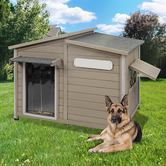 Large Outdoor Wooden Dog House, Weatherproof Dog Houses with Adjustable Vent Windows, Alloy Chew-Resistant Frame, Removable Floor for Medium & Large Dogs, (43.5" L x 29.5" W x 33.5" H)