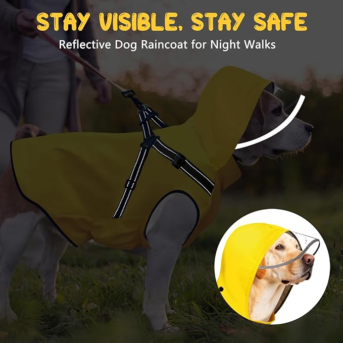 Dog Raincoat: Dog Rain Jacket with Reflective Harness & Removable Hood | Waterproof Dogs Rain Coat Poncho for Large Medium Small Dogs Puppies (Yellow - L)