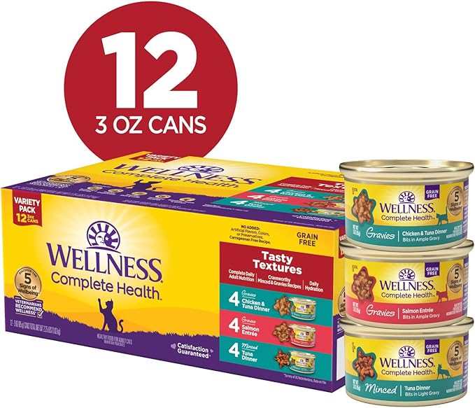 Wellness Complete Health Tasty Textures Gravy & Minced Adult Wet Cat Food, Natural, Protein-Rich, Grain Free, 3 Ounce, 12 Pack, (Salmon, Tuna, and Chicken Variety Pack)