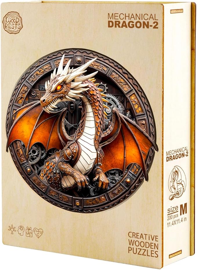 Jigfoxy Wooden Puzzle for Adults, Mechanical Dragon Jigsaw Puzzles for Adult, Unique Animal Shape Wood Cut Puzzles, Christmas Thanksgiving Gifts for Friends Family (L-13.4 * 13.4in-300pcs)