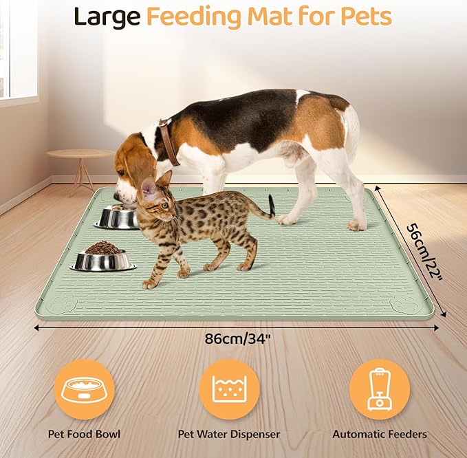 Dog Food Mat, Extra Large 34" x 22" Silicone Pet Feeding Mat with Raised Edge Pet Placemat for Small, Medium, and Large Pets Non-Slip, Easy to Clean (Light Green)