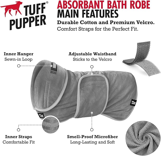 Tuff Pupper Fast Drying Dog Bath Robe | 800 GSM Plush Dog Towel Bathrobe/Dressing Gown | Super Absorbent Pet/Puppy Bathrobe | Adjustable Hood & Belly Strap | Super Soft | Fast Drying (Giant, Gray)