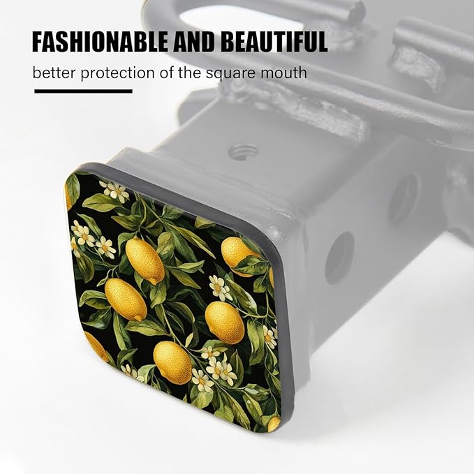 Hitch Cover Fits for 2-Inch Hitch,Lemon, Leaf and Flower Pattern On A Black Background Rubber Trailer Hitch Cover Tube Plug Insert,Car Exterior Accessories, Receiver Tube Hitch Plug