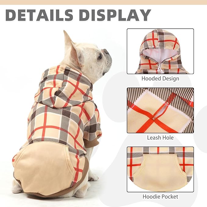 KOOLTAIL Plaid Dog Hoodie for Small Medium Large Dogs - Pet Clothes Sweater with Hat and Pocket for Cold Weather Winter, Warm Soft Dog Hooded Sweatshirt Coat Outfit for Puppy Cats Girls Boys Beige SM