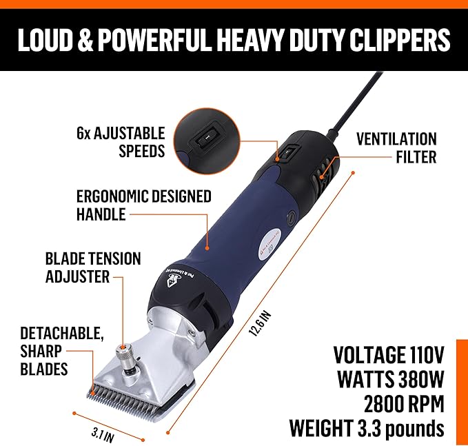 Professional Dog Grooming Clippers for Thick Coats - Shears Heavy Duty Hair Cutting Kit - Large Dog Shaver Set - Pet Trimmer for XL Large Dogs, Horses, Livestock