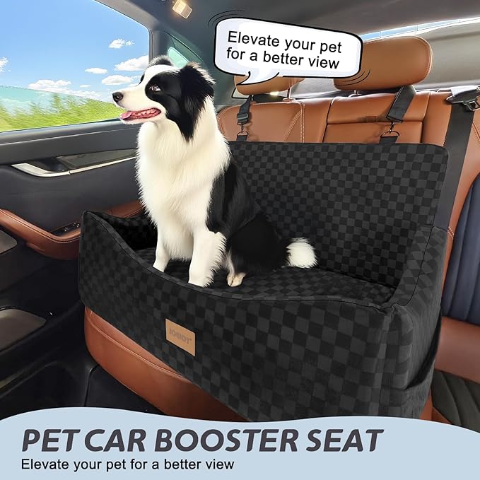 JOEJOY Dog Car Seat for Medium/Large Dogs - Reversible Dual-Sided Travel Dog Car Bed with Memory Foam, Washable Pet Booster Seat for Dogs up to 55 lbs or 2 Small Dogs, 2 Safety Leashes, Black