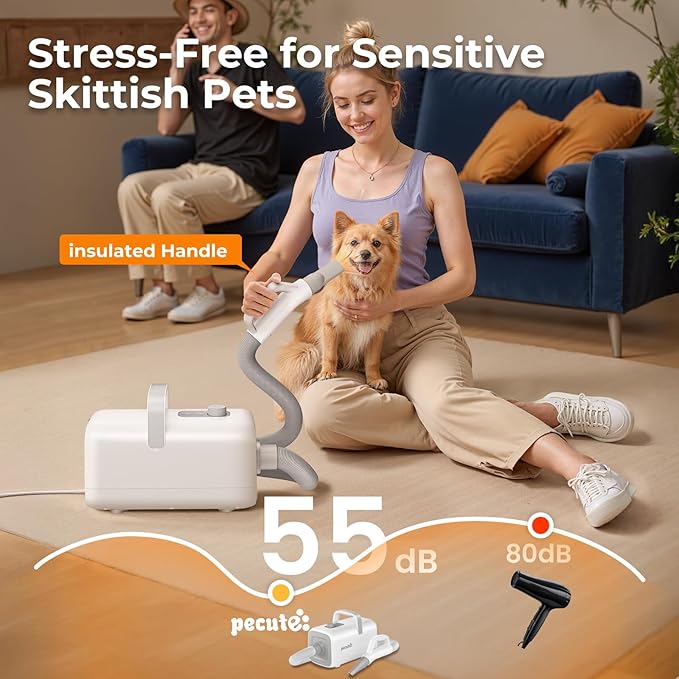 Pecute High-Velocity Dog Hair Dryer, Dog Blow Dryer with Adjustable Speed & Temp, Cool-Warm-Hot Cycle Mode, 4 Nozzles, Soft Noise Pet Dryer for Grooming, Heat Resistant Hose, 6.5ft Cord