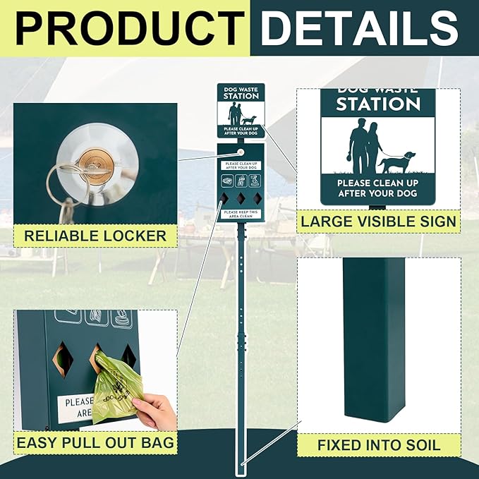 Dog Waste Station with Bags Galvanized Steel Outdoor Pet Bin Dispenser Reflective Sign Rust Proof System for Backyard Commercial Park(1 Pack)