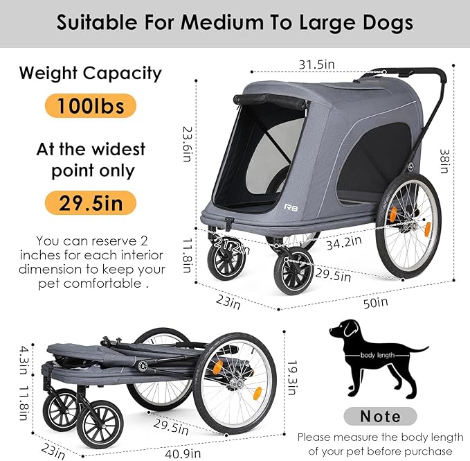 R8 Pro Extra Large Foldable Pet Stroller, Dog Stroller & Pet Trailer for Large Dogs Under 100 lbs, Unmovable, Disabled & Pregnant Dogs - Conveniently Carriable by Bike and Car, Grey