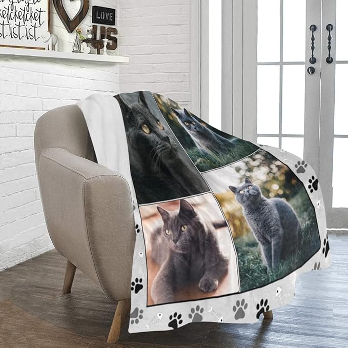 Custom Blanket with Photos for Cat Mom Ever, Personalized Blankets with Picture for Pets Lover Family Women Men Souvenirs, 4 Photos Collage, Made in USA