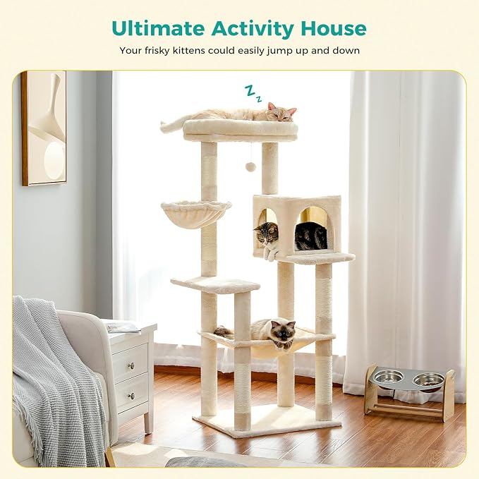 PAWZ Road Cat Tree, 56 Inches Tower Condo with Large Top Perch & Hammock, Cat Tower with Scratching Posts for Indoor Cats，Beige