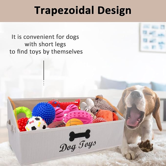 Collapsible Dog Toy Box - Fabric Storage for Toys/Blankets/Leashes - Personalizable - Slub Beige