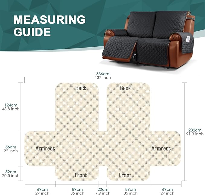 Ruaozz Waterproof Recliner Sofa Cover 1-Piece Couch Covers for Reclining Couches Reclining Sofa Cover Washable Furniture Protector with Elastic Straps Pocket for Kids, Pets (Black, XL 2 Seater)