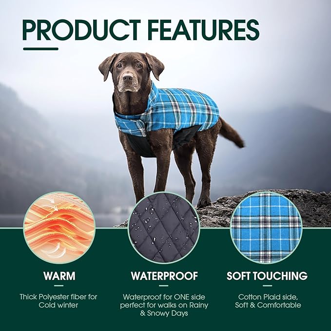 Kuoser Warm Dog Coat, Waterproof Dog Jacket for Extra Large Dogs, Adjustable Durable XXL Doggie Winter Coat Reversible Puppy Cold Weather Apparel from Small to Large Breed, Blue XXL