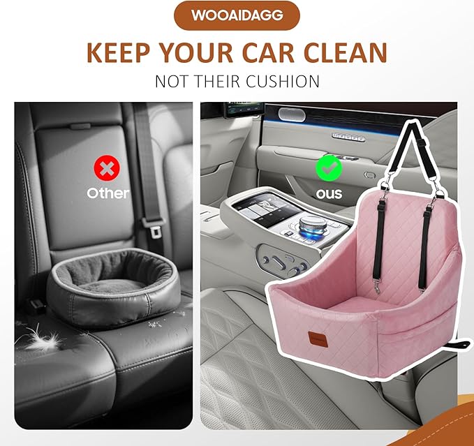 Dog Car Seat for Medium Dogs, Pet Travel Bed with Seat Belt Channel, Fully Detachable and Washable, 3 Straps Easy to Install (Pink)