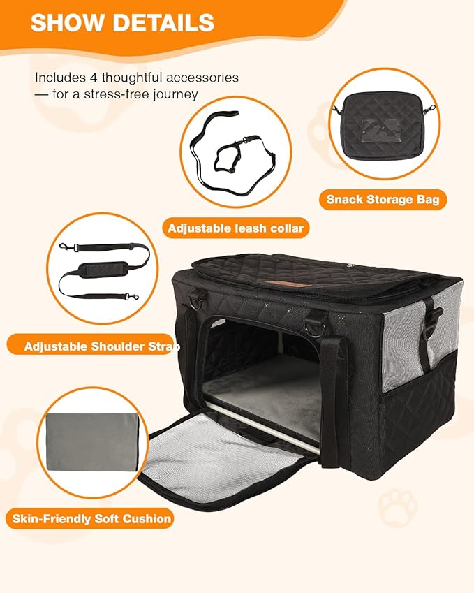 PETUX Airline Approved Cat Carrier for Small Cat - 16" x 10" x 9.5", Double Anti-Escape, Collapsible, Underseat, Under 10 lb with Removable Snack Bag, Safety Buckle, Leash - Ideal for Travel - Grey