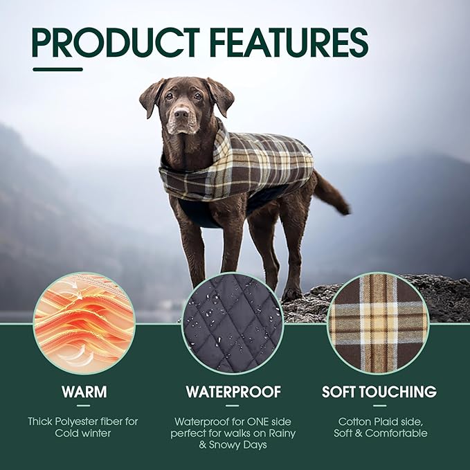Kuoser Warm Dog Coat, Waterproof Dog Jacket for Extra Large Dogs, Adjustable Durable XL Doggie Winter Coat Reversible Cozy Puppy Cold Weather Apparel from Small to Large Breed, New Brown XL