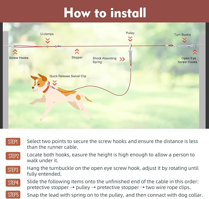 120FT Dog Runner for Yard with 10FT Tie Out Cable - Heavy Duty Trolley System for Large Dogs Up to 250LBS, Backyard/Park/Camping Use (Red, 120FT+10FT)