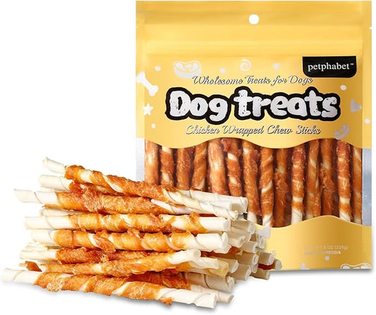 PETPHABET Chicken Wrapped Rawhide Dog Treats - Hide Twists Sticks for Chew, Natural Pet Snack for Small Puppy Traning and Dental Healthy, Chicken Flavor, 5 Inch, 30 Count