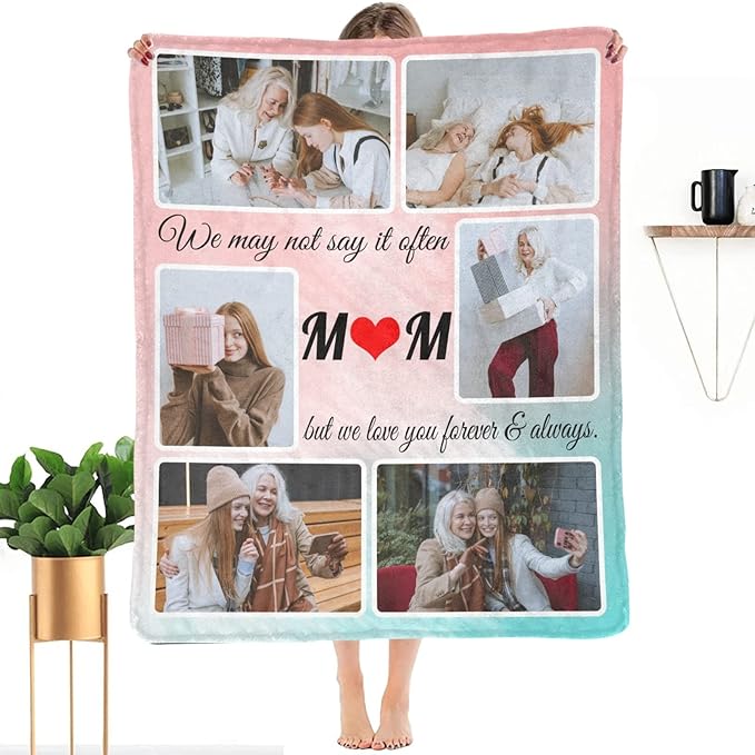 Gifts for Mom Custom Blanket with Photo, Personalized Make a Blankets with Picture for Mother's Day, Customized Memories Souvenir Throws for Best Mom Ever, 6 Collage Made in USA