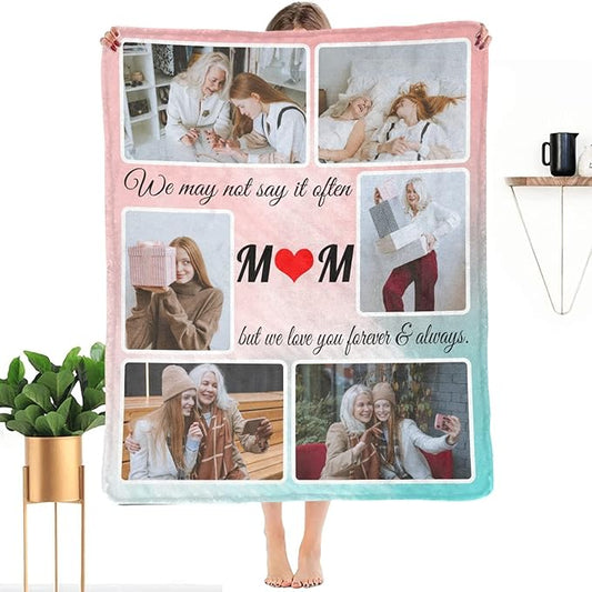 Gifts for Mom Custom Blanket with Photo, Personalized Make a Blankets with Picture for Mother's Day, Customized Memories Souvenir Throws for Best Mom Ever, 6 Collage Made in USA