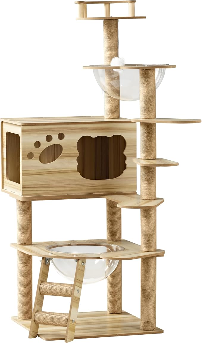 EUREKA ERGONOMIC Cat Tree Large 52 Inch, Wooden Cat Tower Multi-Level Cat Tree Tower for Indoor Cats Large Adult with Scratching Post, House, Pompoms, Cat Stand with Scratch Pad (Yellow)