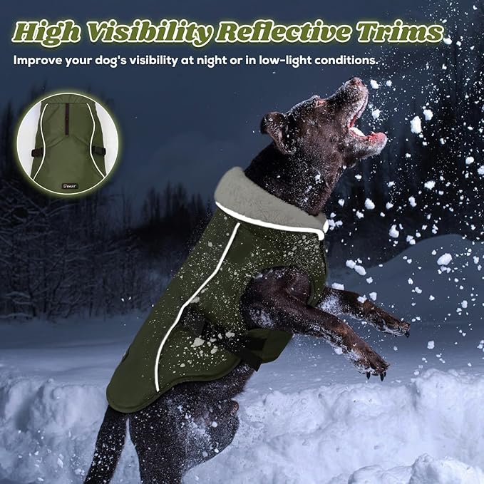 EMUST Dog Coat for Winter, Cozy Winter Jackets for Small/Medium/Large Dogs, Solid Color Dog Apparel for Cold Weather with Fleece Lining, Green, XXXL