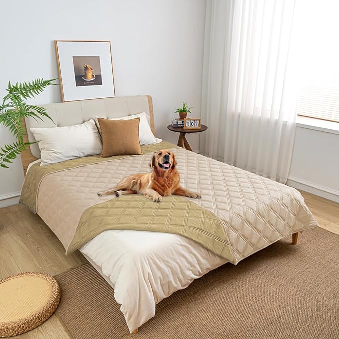 fuguitex Waterproof Dog Blanket Reversible for Small Dogs Resistant Leakproof Washable Couch Cushion Bed Protector Cover for Indoor Furniture Pet Friendly（52"*82",Beige+Taupe
