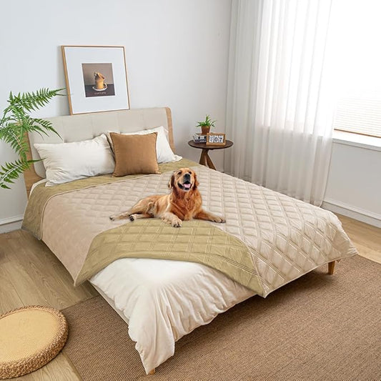 fuguitex Waterproof Dog Blanket Reversible for Small Dogs Resistant Leakproof Washable Couch Cushion Bed Protector Cover for Indoor Furniture Pet Friendly（68"*82",Beige+Taupe