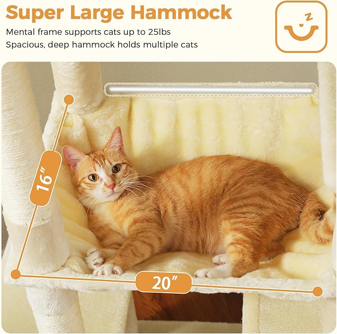 71 Inch Tall Cat Tree for Indoor Cats Large Adult, Multi-Level Cat Tower with Extra Large Hammock, 2 Cat Caves, Spacious Top Perch, Scratching Pad, Beige