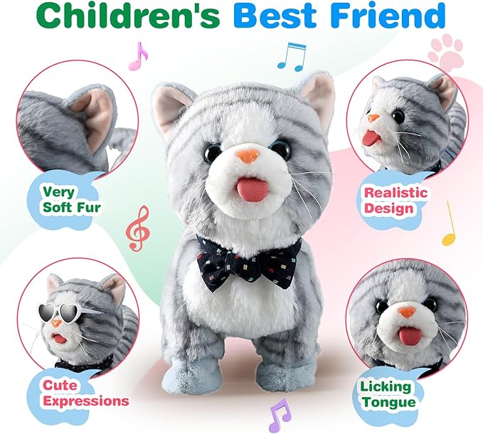Gray Leash Walking Cat Set Toy Interactive Talking Cat Singing Dancing Kitten Mimicking Repeat What You Say Kitty Touch and Voice Control Nodding Wagging Tail Plush Electric Robot for Kid Girl