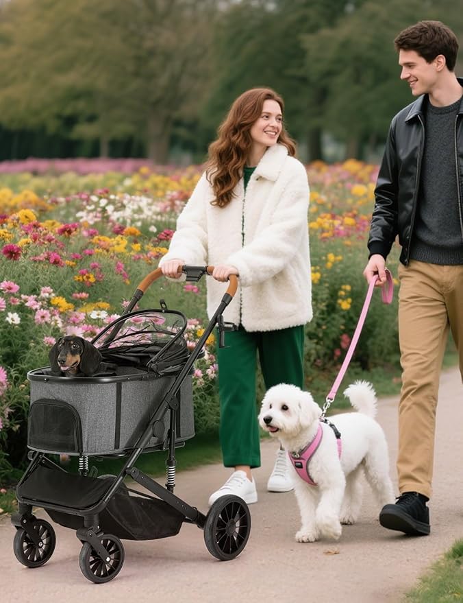 Dog Stroller for Small Medium Dogs Up to 60lbs, 4 Wheels Folding Pet Stroller with Detachable Carrier, Pet Travel Carrier for 2 Dogs & Cats, Storage Basket, Breathable, Grey