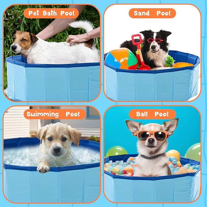 Chunful Foldable Dog Pool with Storage Bag, 24 x 8 Pet Swimming Pool Hard Plastic Portable Bath Tub for Dogs, Cats, Backyard, Beach, and Summer Play, Indoor & Outdoor Use (Blue)