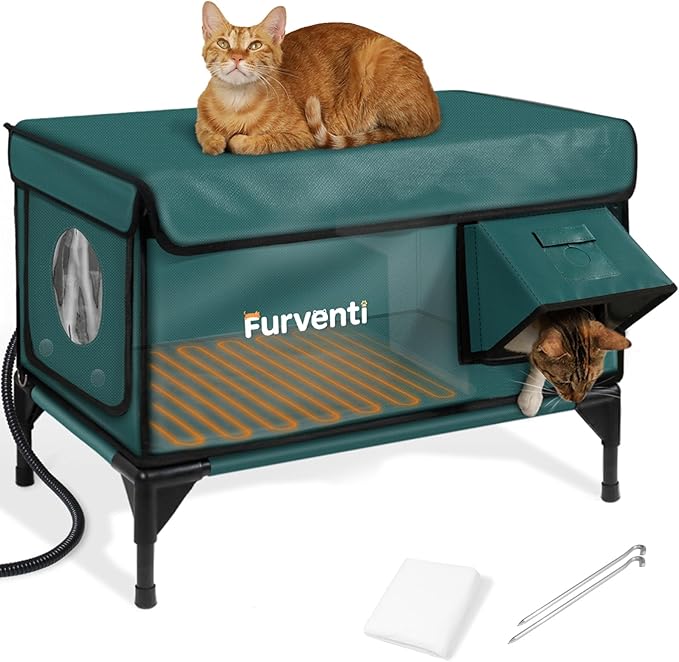 Heated Cat House for Outside,Dual Camera Mounts,100% Weatherproof & Extremely Insulated,Elevated Feral Cat Shelter with Escape Door,Waterproof Eaves for Outdoor Stray Barn Cat(Dark Green, XL)