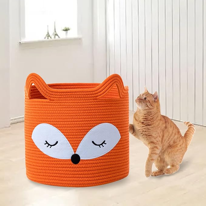 VK VK·LIVING Fox Toy Basket Cotton Rope Animal Baskets Orange Laundry Hamper for Toys, Clothes,Gifts,Towels, Blankets, Empty Gift Basket for Organizing with Handles 15''x14''
