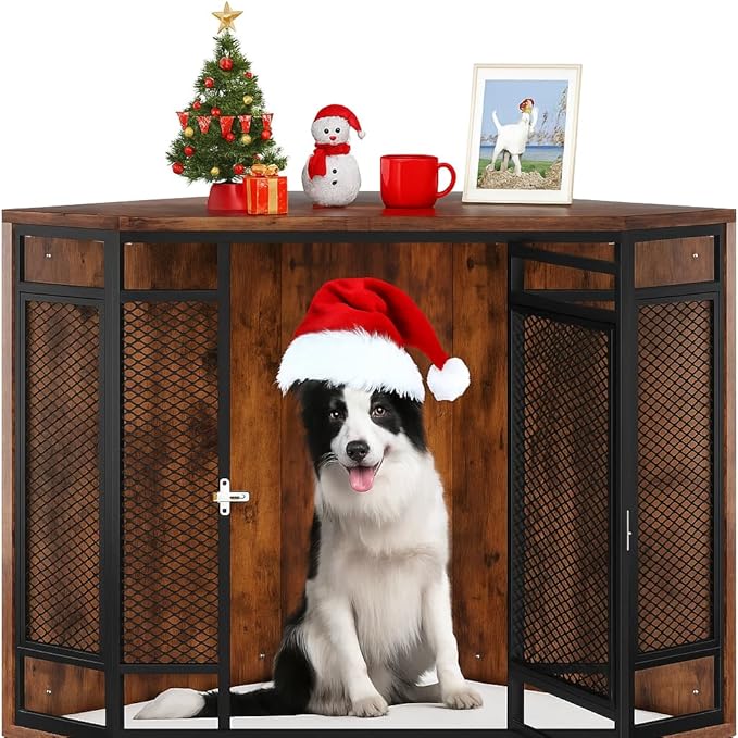 YITAHOME Corner Dog Crate Furniture, 52" Wooden Dog Crate with Dog Cushion, Dog Kennel Indoor for Small Medium Large Dogs, Brown