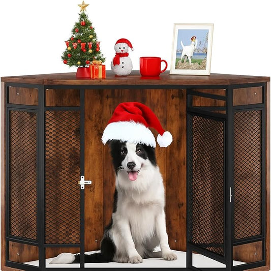YITAHOME Corner Dog Crate Furniture, 52" Wooden Dog Crate with Dog Cushion, Dog Kennel Indoor for Small Medium Large Dogs, Brown