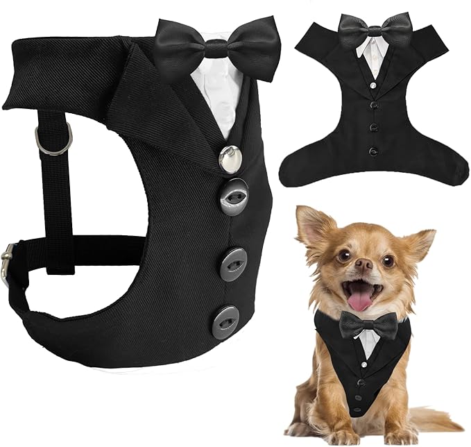 AVERYDAY XS Pet Tuxedo Harness, Wedding Costume Outfit for Small Dogs, Slim Cats and Tiny Pets with 8.3" Neck, 13-14.6" Chest, 10" Max Head Girth, Formal Suit Costume for Mini Breeds