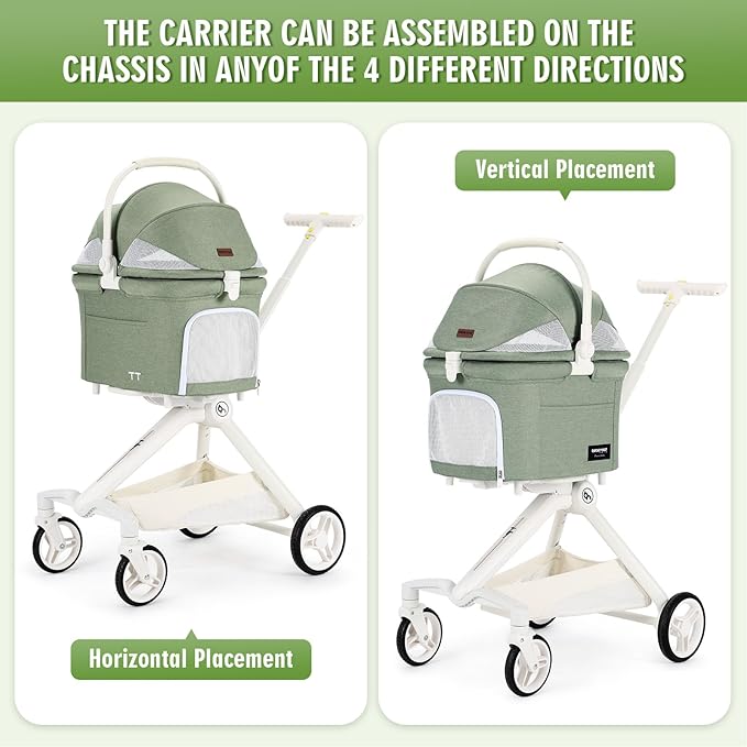 TT Lightweight Pet Stroller for Small Dogs & Cats - 4-Way Installation Carrier, One-Hand Fold, 180° Canopy Cover & Adjustable Handle (Green)