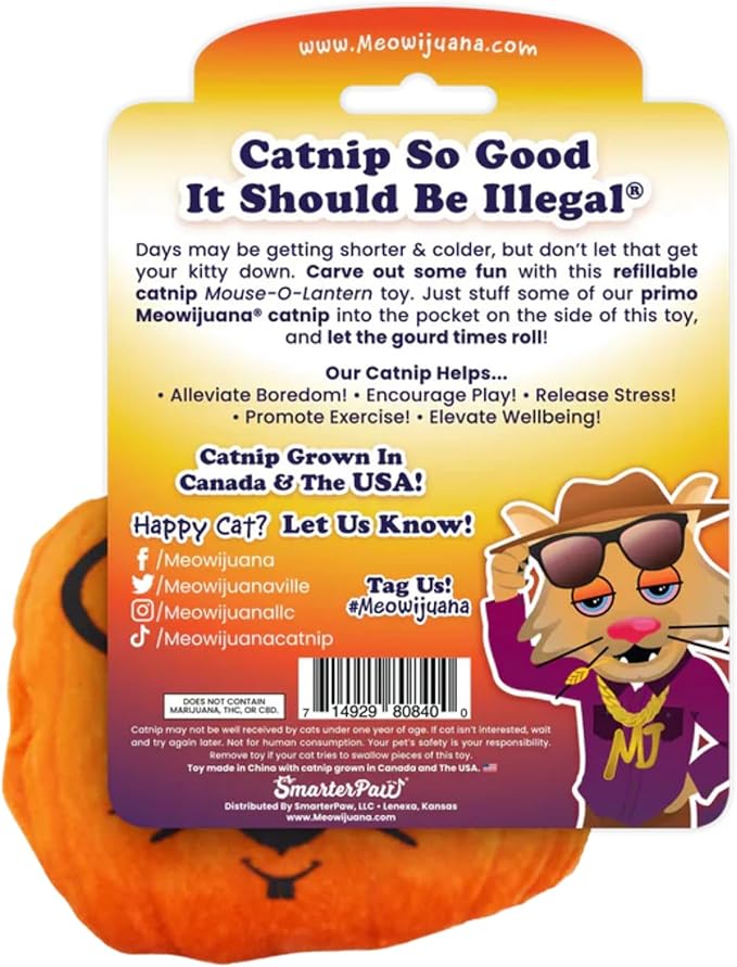 Meowijuana Refillable Cat Toys | Get Spooked - Pumpkin Catnip Toy | Includes Potent Hand Harvested Catnip Grown in North America | Promotes Play and Cat Health
