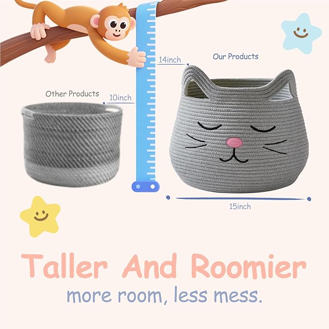OMERAI Animal Baskets Cotton Rope Storage Basket Woven Toy Basket Large Basket for Blankets Cute Cat Toy Box with Handles Foldable Animal Laundry Basket Nursery Organizer, 15"D x 12.6"H